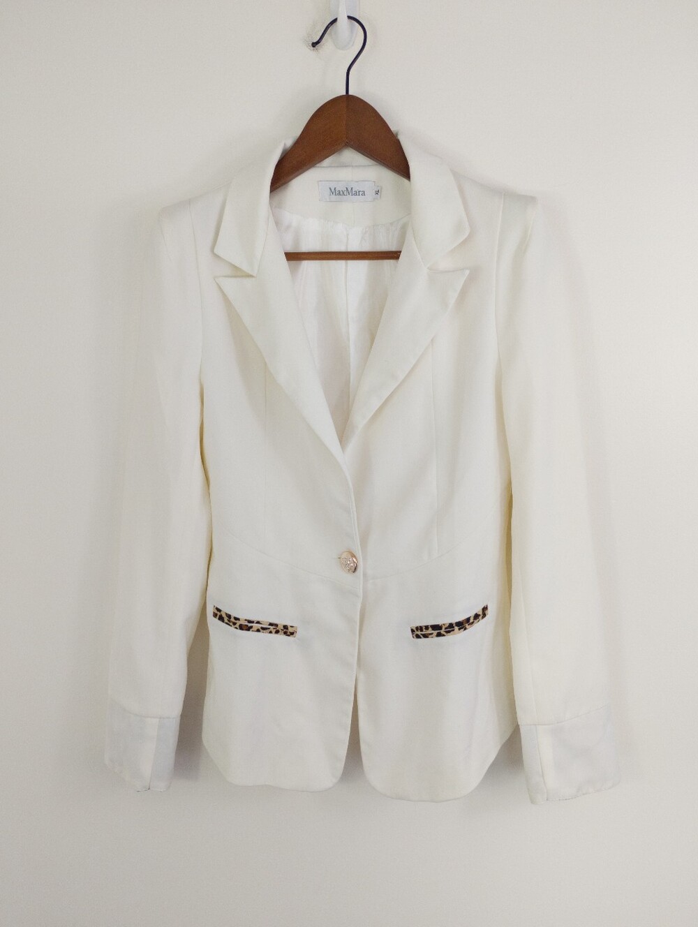 Max Mara Off-White Leopard Trim Single Button Blazer Jacket Size XL